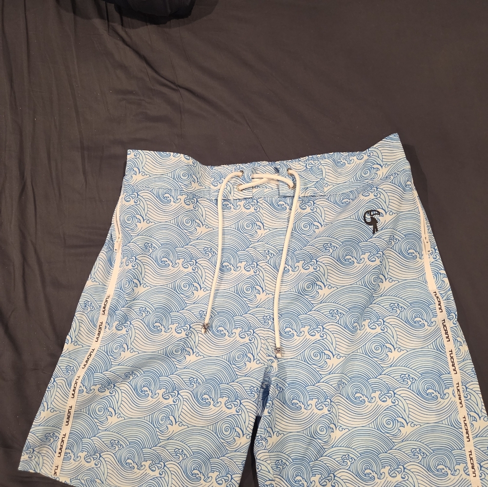 Men's Light Blue Wave-Print Swim Shorts Never Worn